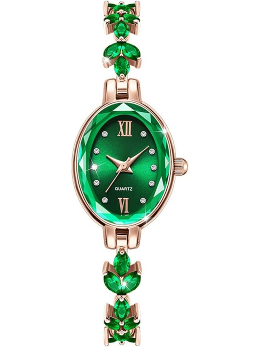 Women Rose Gold Green Analog Quartz Petal Casual Bracelet Simulated Luxury Watch